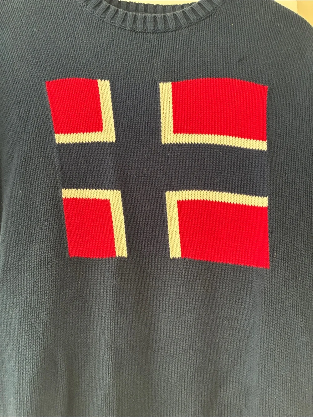 Brandy Melville Navy Crewneck Sweater with Red and White Flag Motif